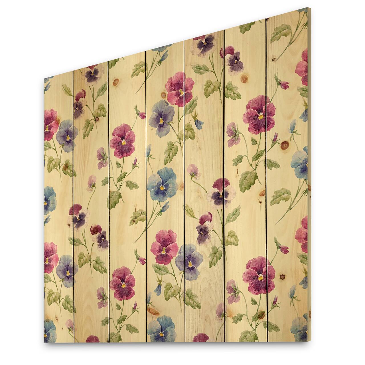 Designart - Pink and Blue Pansy Flowers I - Traditional Print on Natural Pine Wood